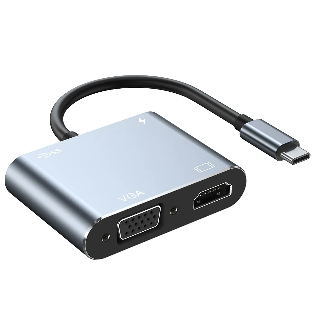 4K USB-C to HDMI/VGA Adapter with USB 3.0 Hub for Monitors, PCs, Phones, and TVs