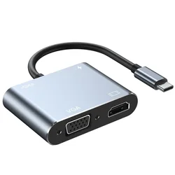 4K USB - C to HDMI/VGA Adapter with USB 3.0 Hub for Monitors, PCs, Phones, and TVs (Silver)