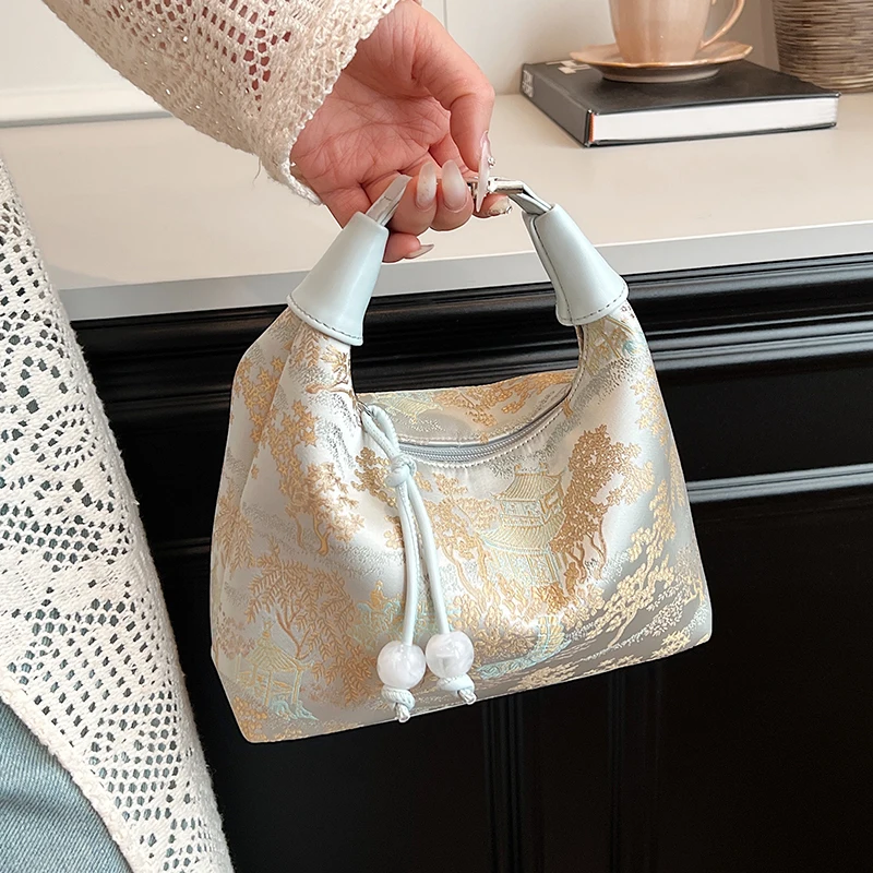 New Chinese Style Beige Embroidery Tassel Cotton Tote Bag