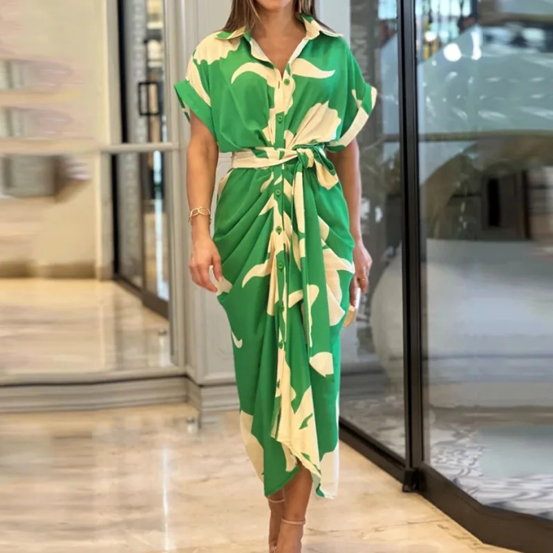 2025 Spring Summer New Women's Elegant Solid Color Wrinkled Lace-up Midi Dresses Female Fashion Print Button Lapel Shirt Dress 5