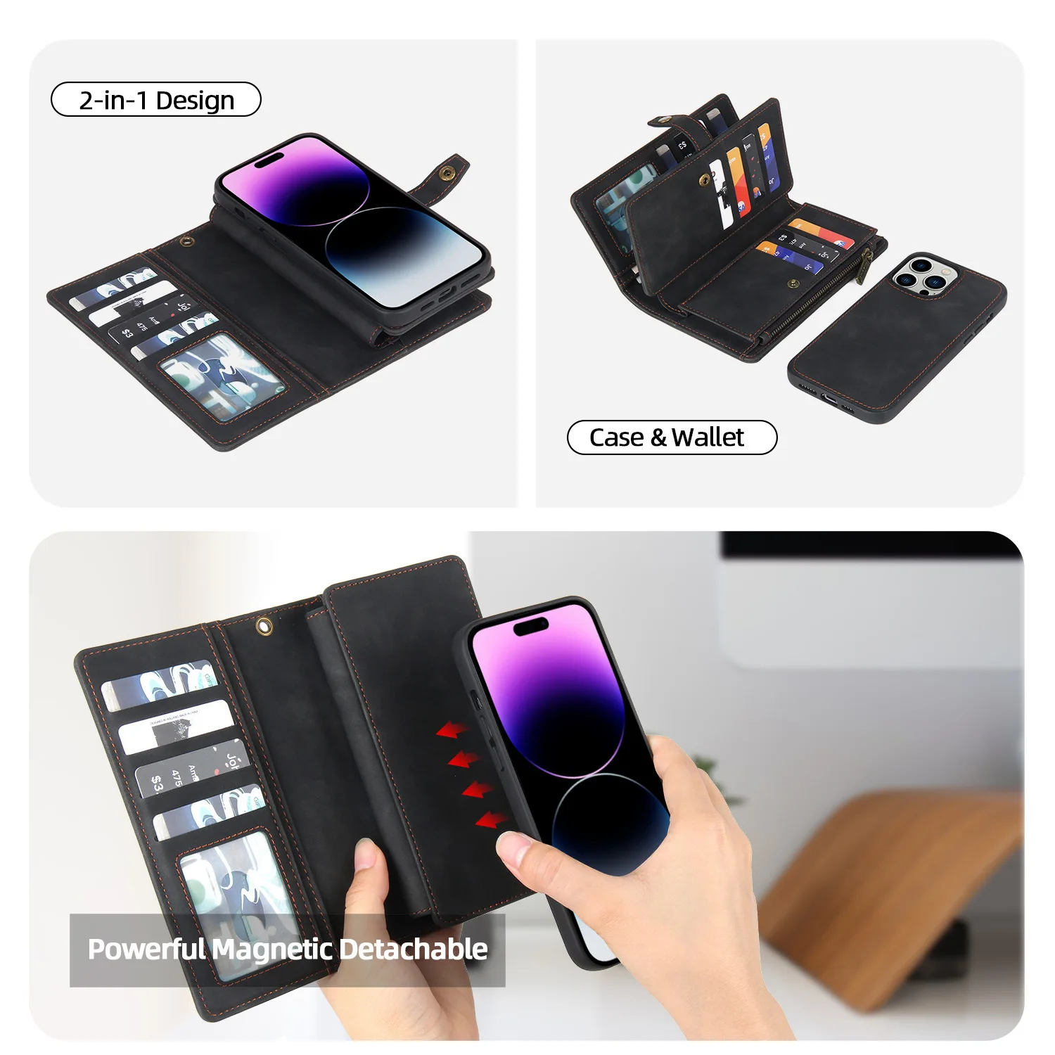 Zipper Flip Cover Business Wallet Luxury Magnetic Leather Phone Cases For Iphone 15 14 Plus 13 12 11 Pro Xs Max Wallet Case Bags