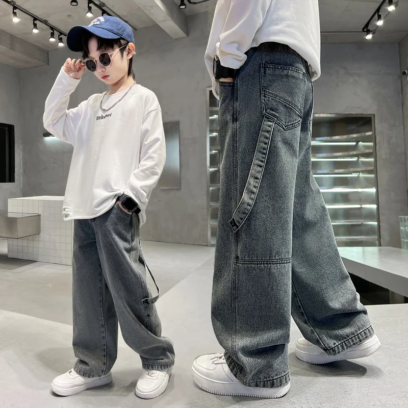 Teenage Boys Cargo Jeans Spring Autumn New Kids Wide Leg Denim Pants for Children Loose Pockets Trousers - Image 3