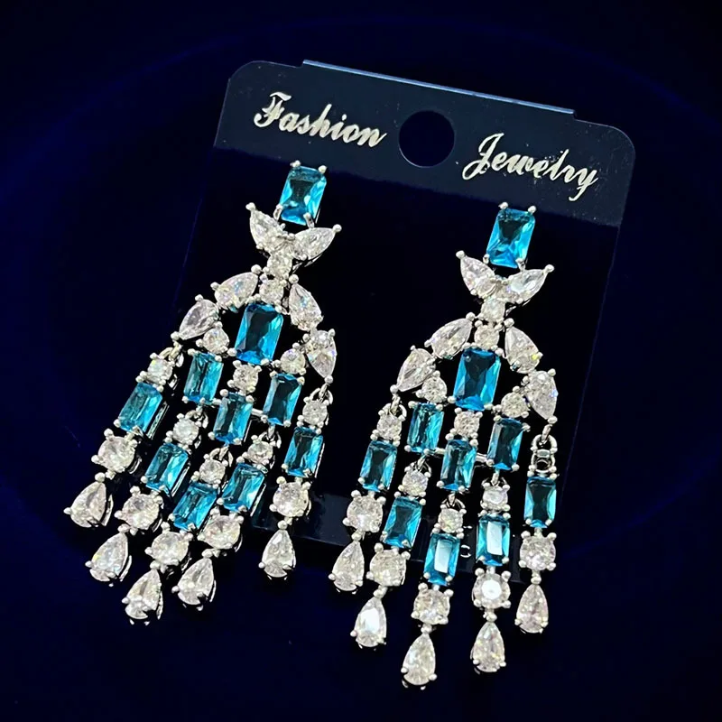 

European and American Heavy Industry Grandmother Emerald with Zircon Tassel Long Air Earrings