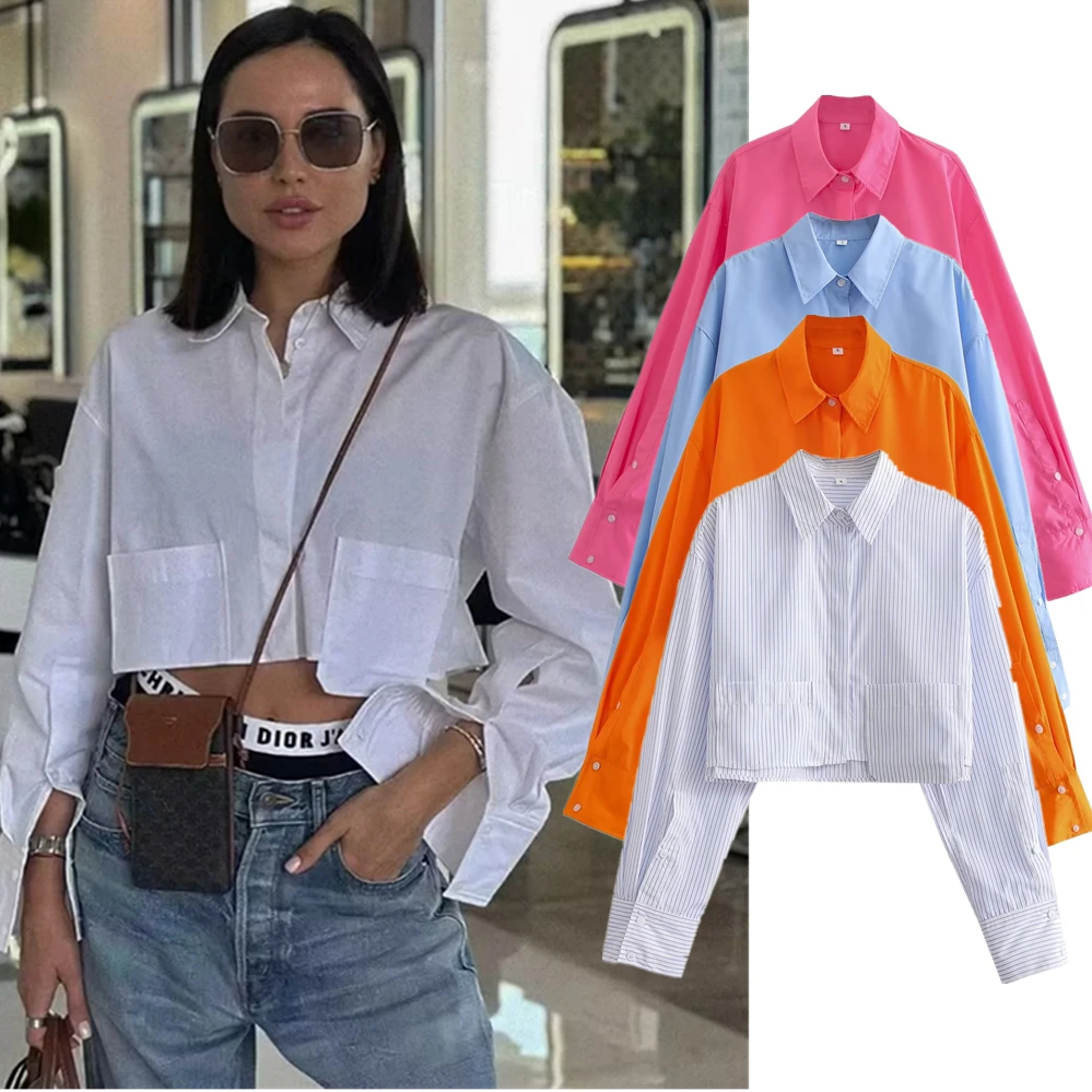 Dave&Di High Street Fashion Shorts  Girls Pocket Shirt Retro Casual Tops Women Blouse Ladies