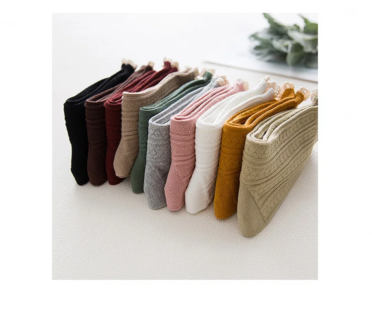 CHAOZHU Frauen Old School Spitze Rippe Baumwolle Casual Socken Lolita JK Süßer Stil 10 Farben Täglich Basic Vintage Mädchen Kawaii Socken – Detail 2