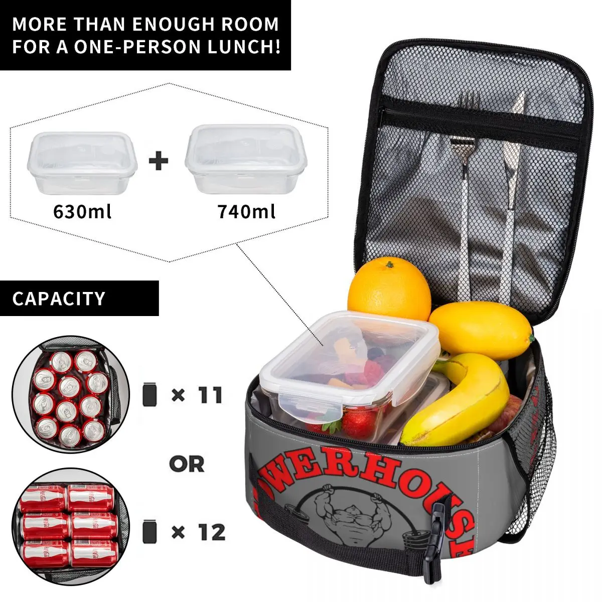 Powerhouse Gym Insulated Lunch Tote Bag for Women Fitness Building Muscle Portable Thermal Cooler Food Lunch Box Travel