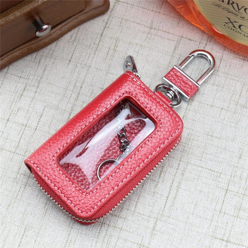 Leather Zipper Square Key Holder Case Chain Women Home Organizer Transparent Window Bag Wallet