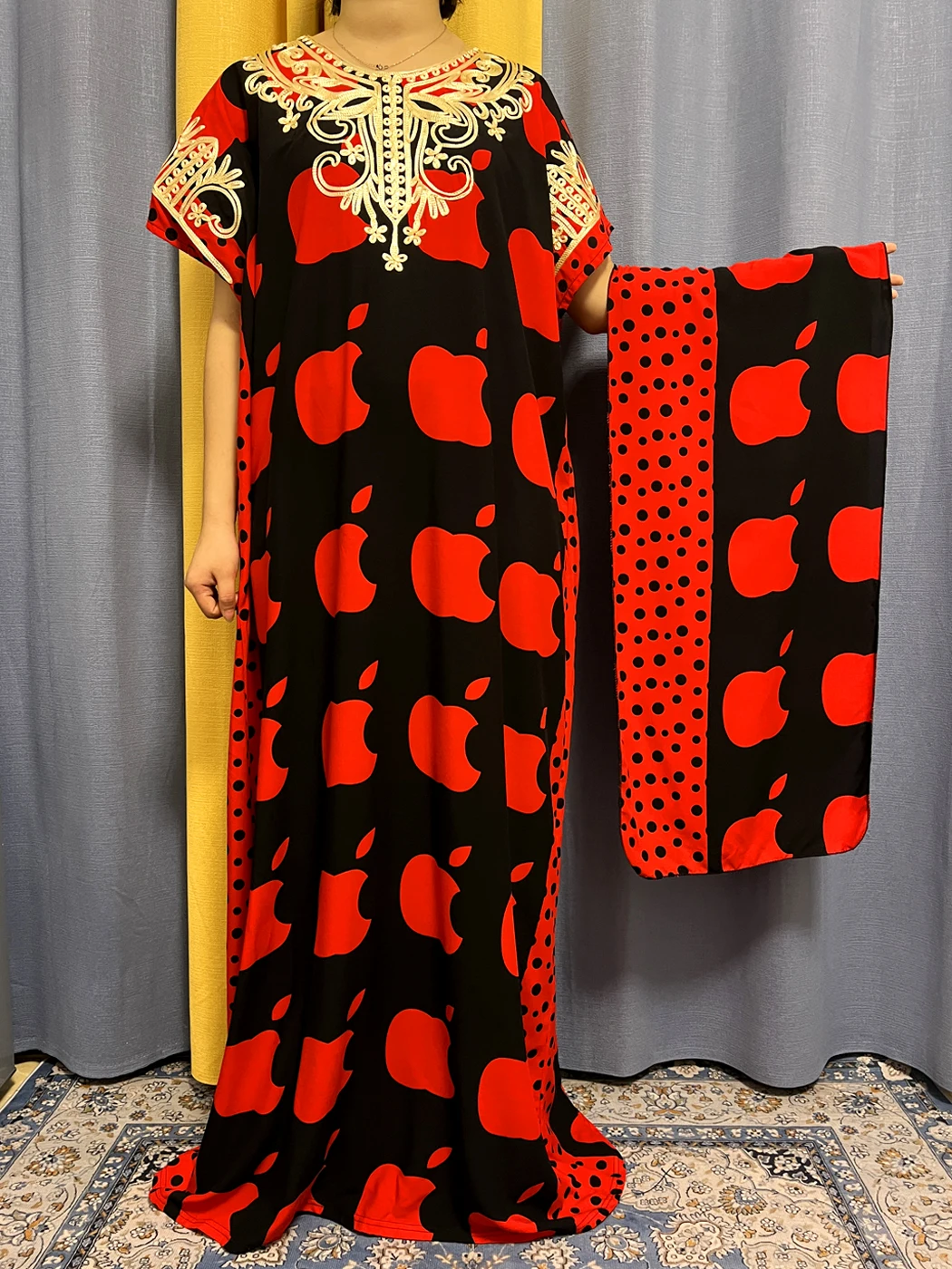Abayas For Women 2023 Muslim Fashoin Print Apple Appliques Cotton Loose Femme Robe African Kanga Clothing Islam With Turban