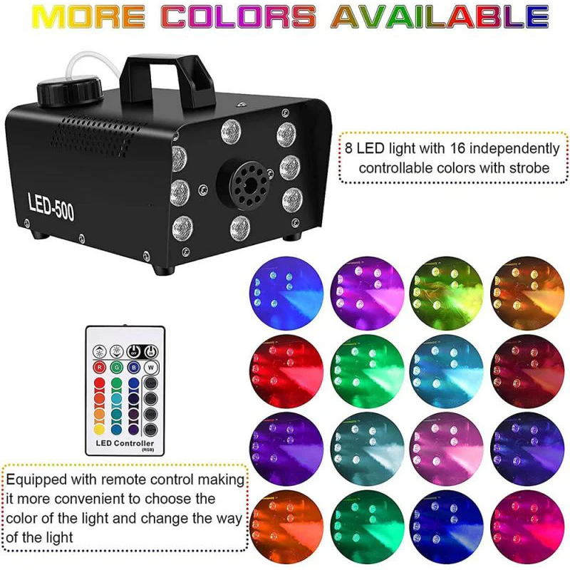 

New Disco Colorful Smoke Machine 500W LED Remote Fogger Ejector Dj Christmas Wedding Party Stage Light Effects Fog Machine