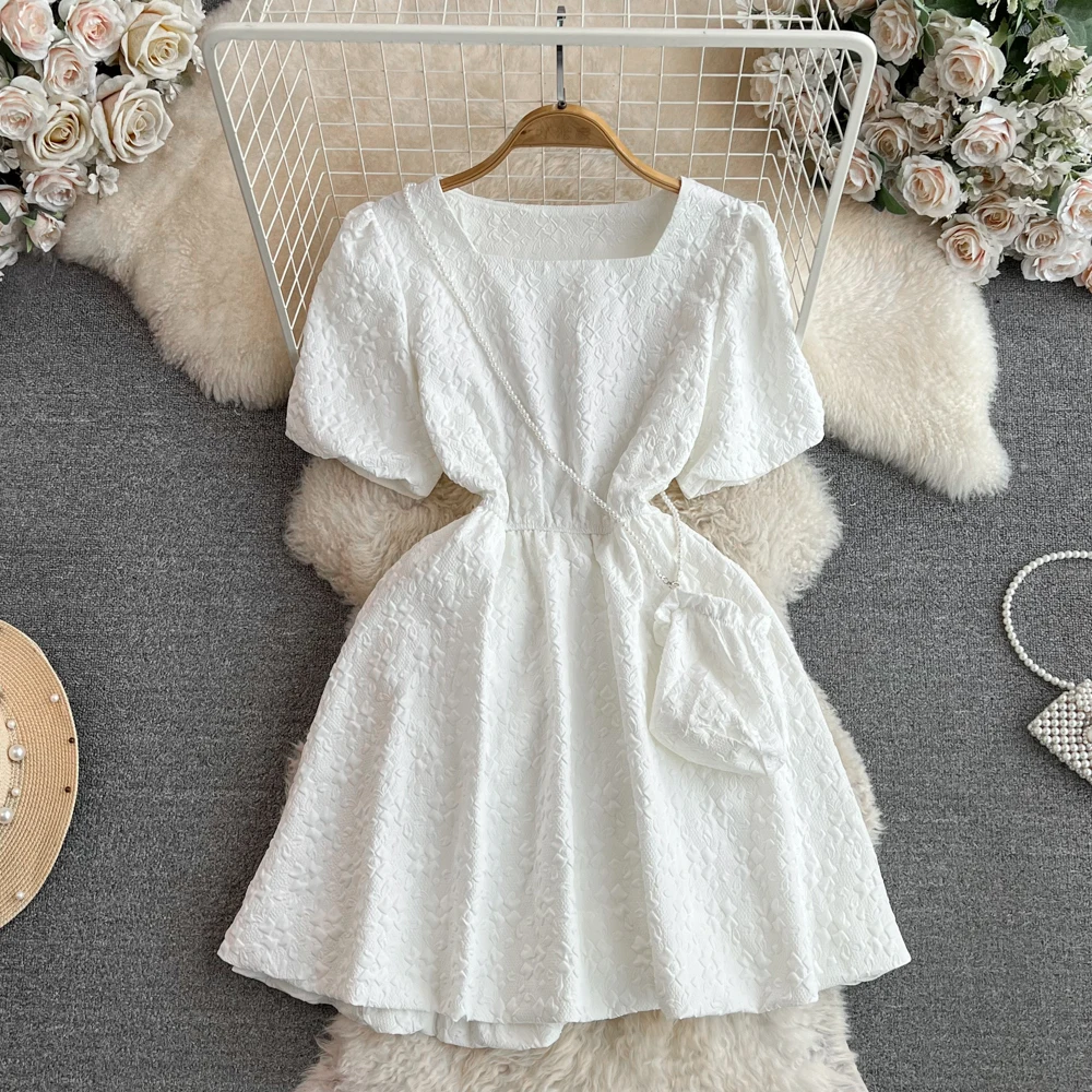 

French Square Neck Bubble Sleeve White Short Dress Summer 2023 Sweet Waist Slim Short Sleeve A-line Dresses Girl's Pretty Dress