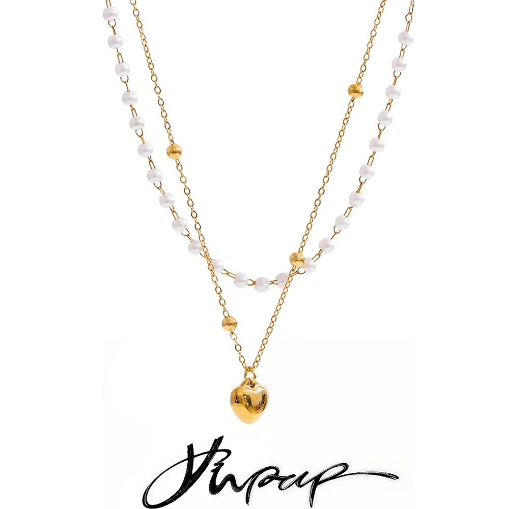Yhpup Pearls Necklace Double Layer Chain for Women Stainless Steel