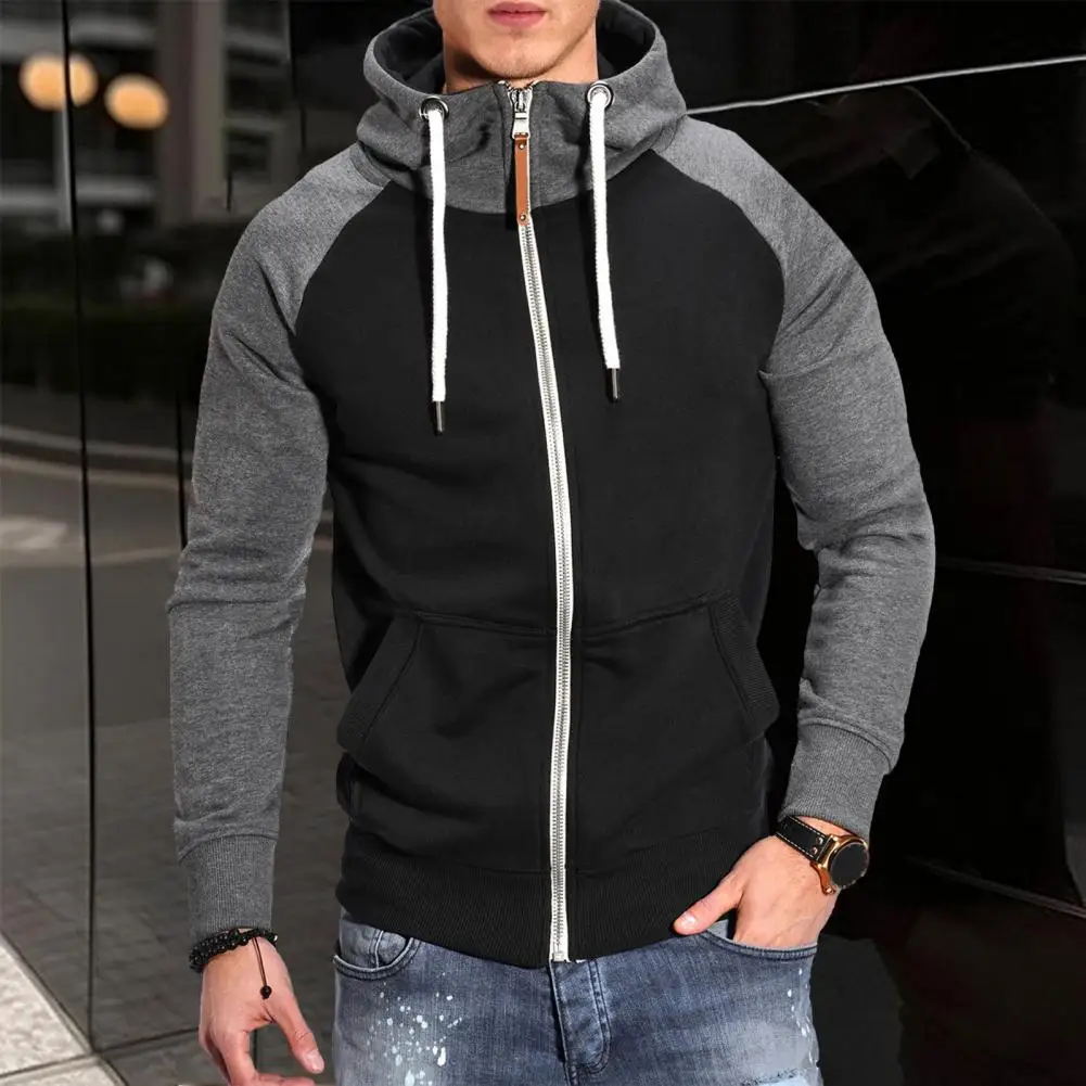 

Men Thermal Jacket Men Winter Hoodie Thick Zipper Closure Hooded Men Coat with Drawstring Patchwork Mid Length Pockets Winter
