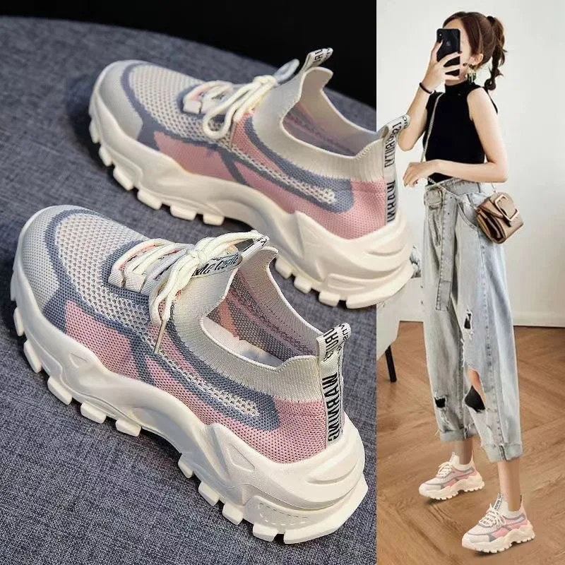 new Korean casual ultra light women's shoes, dad shoes, women's fly woven mesh summer breathable sports shoes
