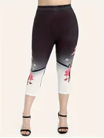 Plus Size Large Casual Set, Summer New Contrasting Rose Flower Print Oversized Round Neck T-Shirt Pants, Slim Fit Two-Piece Set - Image 2