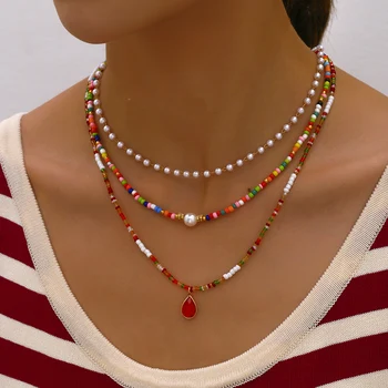 Bohemian Handmade Multilayer Beads Pearl Chain Fashion Necklaces Red Crystal Pendant Jewelry For Women Accessories N0386