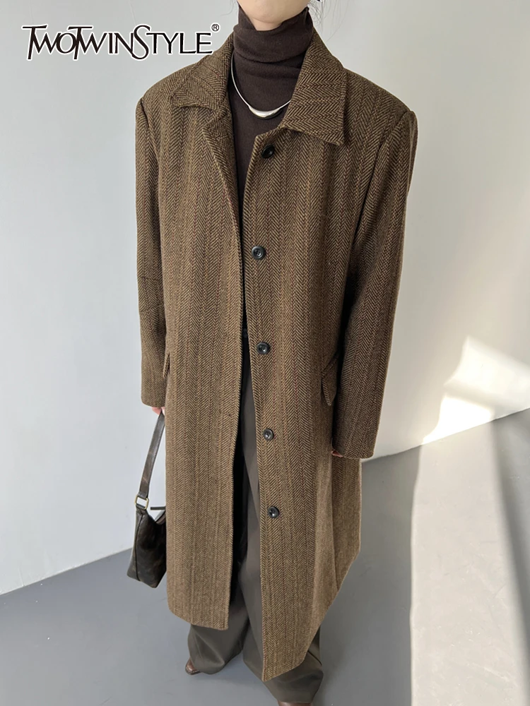 

TWOTWINSTYLE Striped Patchwork Pocket Coat For Women Lapel Long Sleeve Spliced Single Breasted Casual Coats Female Fashion New