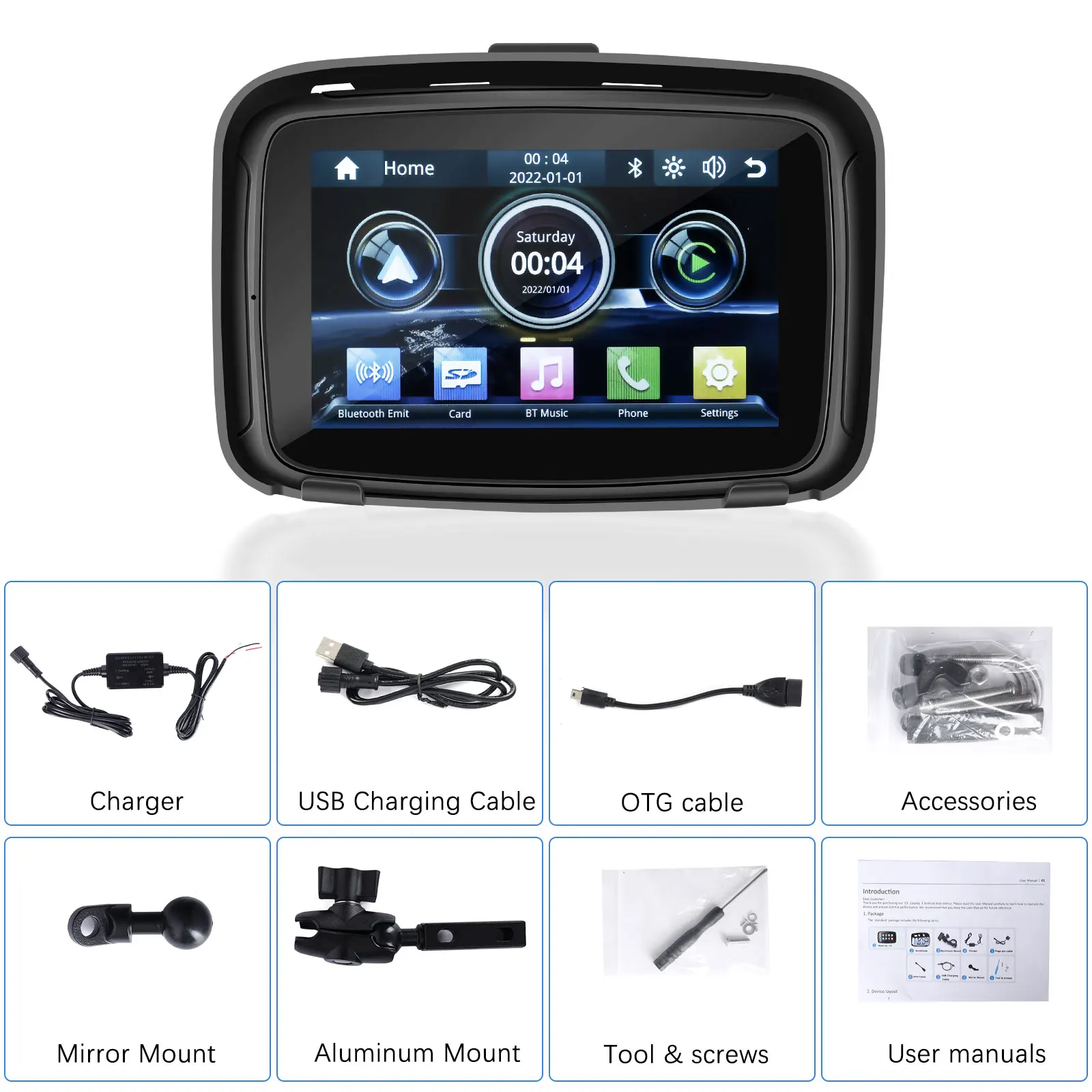 Podofo 오토바이 안드로이드 자동 IPS 스크린 모터 모니터, GPS 네비게이션, IPX7 방수, 블루투스 모터 DVR, 4 코어, 5 인치 카플레이