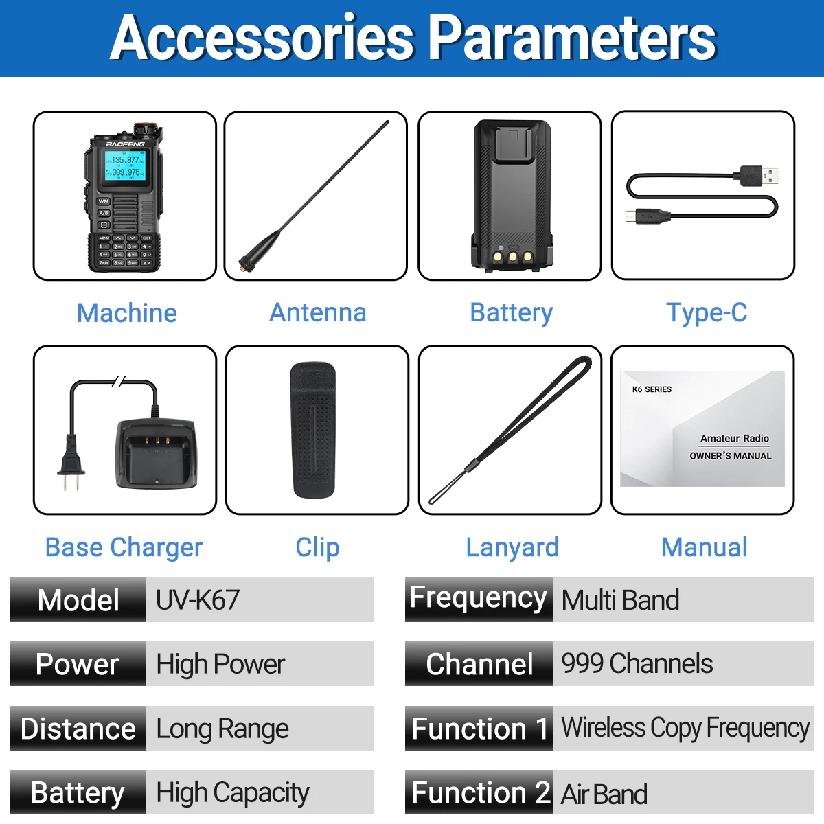 Baofeng UV-K67 Walkie Talkie Multi Band Wireless Copy Frequency 999CH Type-C DTMF NOAA UV-5R UV-K61 UV-K5(99) Two Way Ham Radio 6