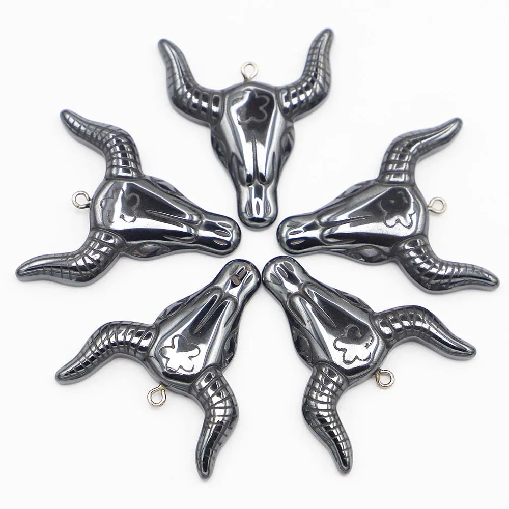 Nature Stone Hematite Carve Ox Head Hip Hop Punk Pendants Bead  Charms Metal Necklace Making Jewelry Accessories Wholesale 12Pcs