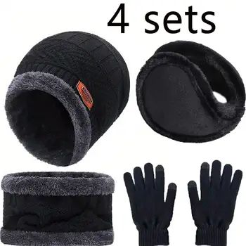 2/4pcs sets Winter Warm Velvet men Hat Scarf Gloves Set For men and women Girls Outdoor Riding Hat Beanies Neck Protection Scarf 1