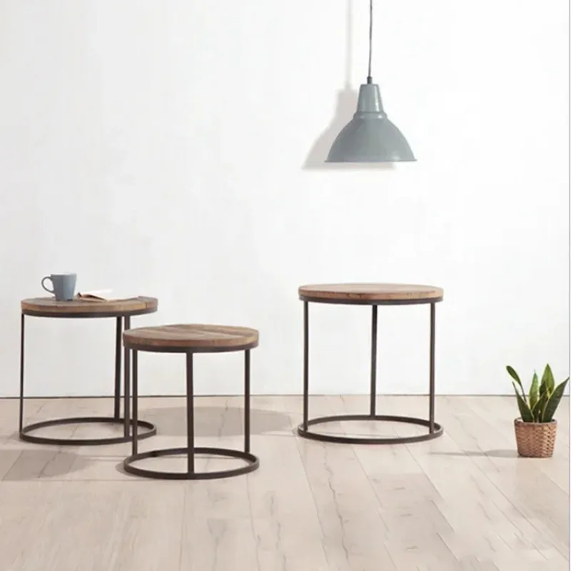 Metal Frame Industrial Sofa Corner Table Wood Round Side Coffee Industrial Vintage Table for Living Room 테이블 거실테이블