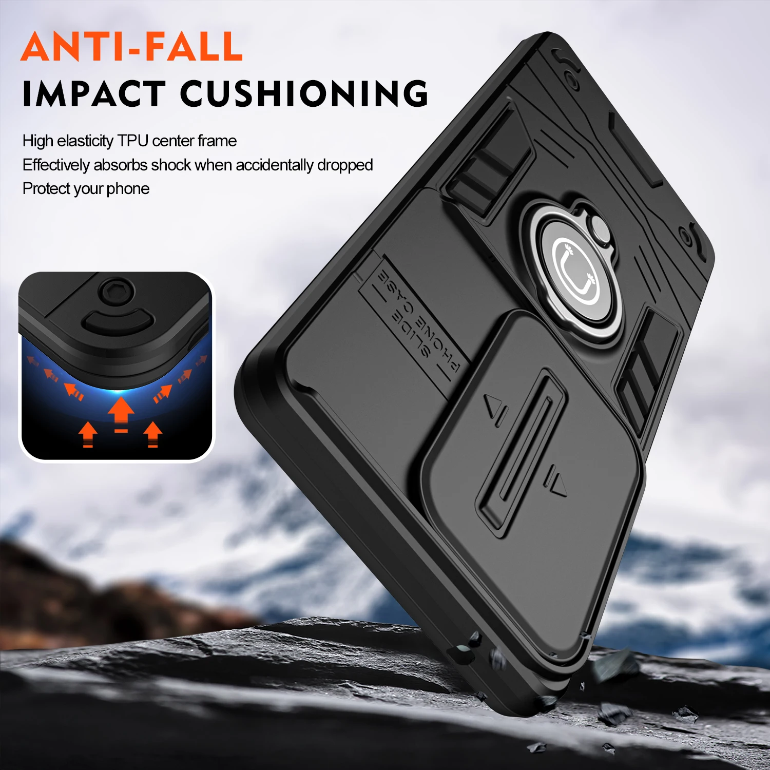 Hybrid Armor Shockproof Phone Case with Sliding Window and Metal Ring Holder