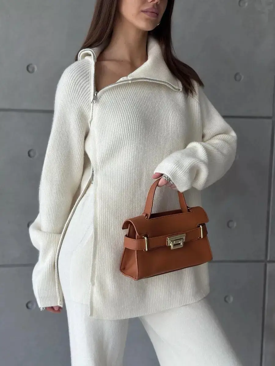 Knit Zipper Women's Pants Sets For Women Slim Lapel Long Sleeve Pullover And Patchwork Straight Legg 2 Piece-Set Winter