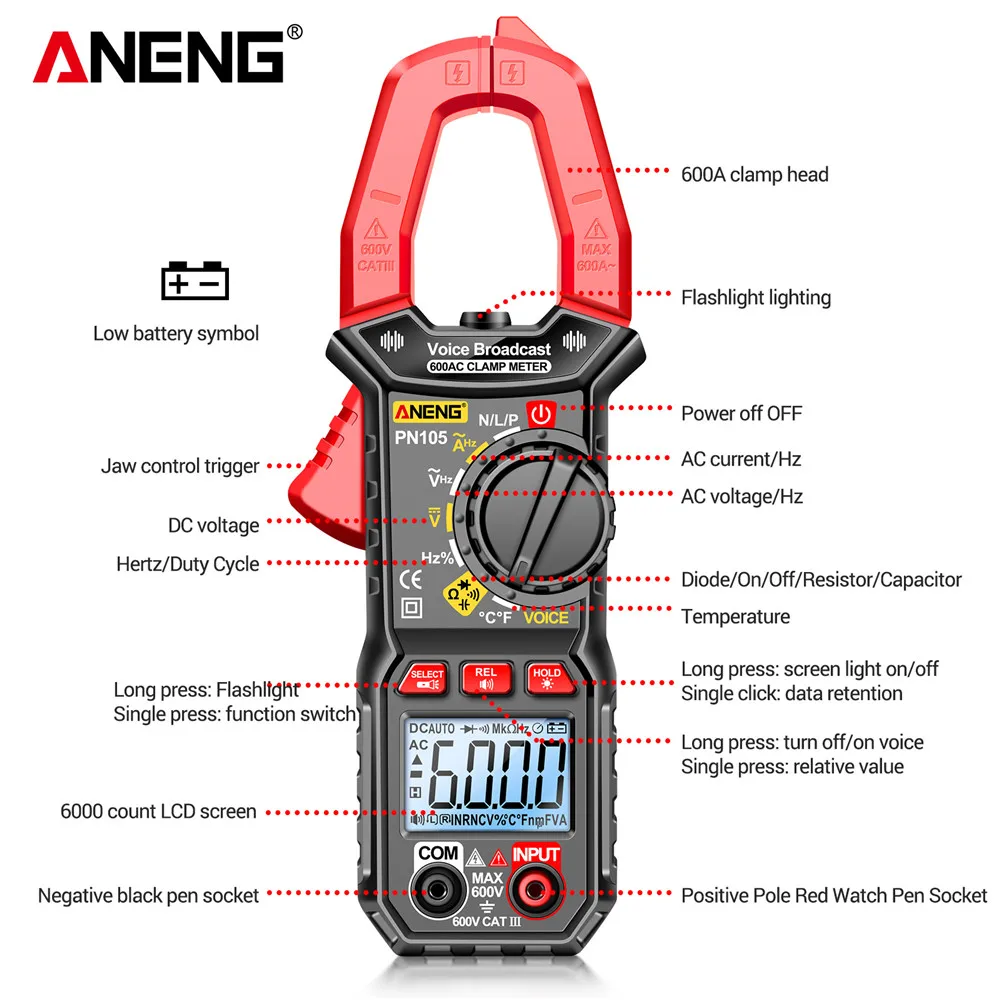ANENG PN105 CAT III  ̽ Ŭ , 600A   , NCV Ƽ, 34mm   ׽ 