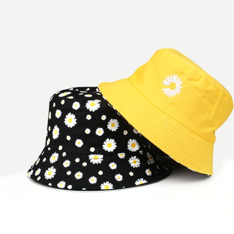 Summer Daisy Double-Sided Bucket Hats Women's Embroidery Hip Hop Panama Bob Caps Folded Beach Sun Fisherman Hat For Ladies