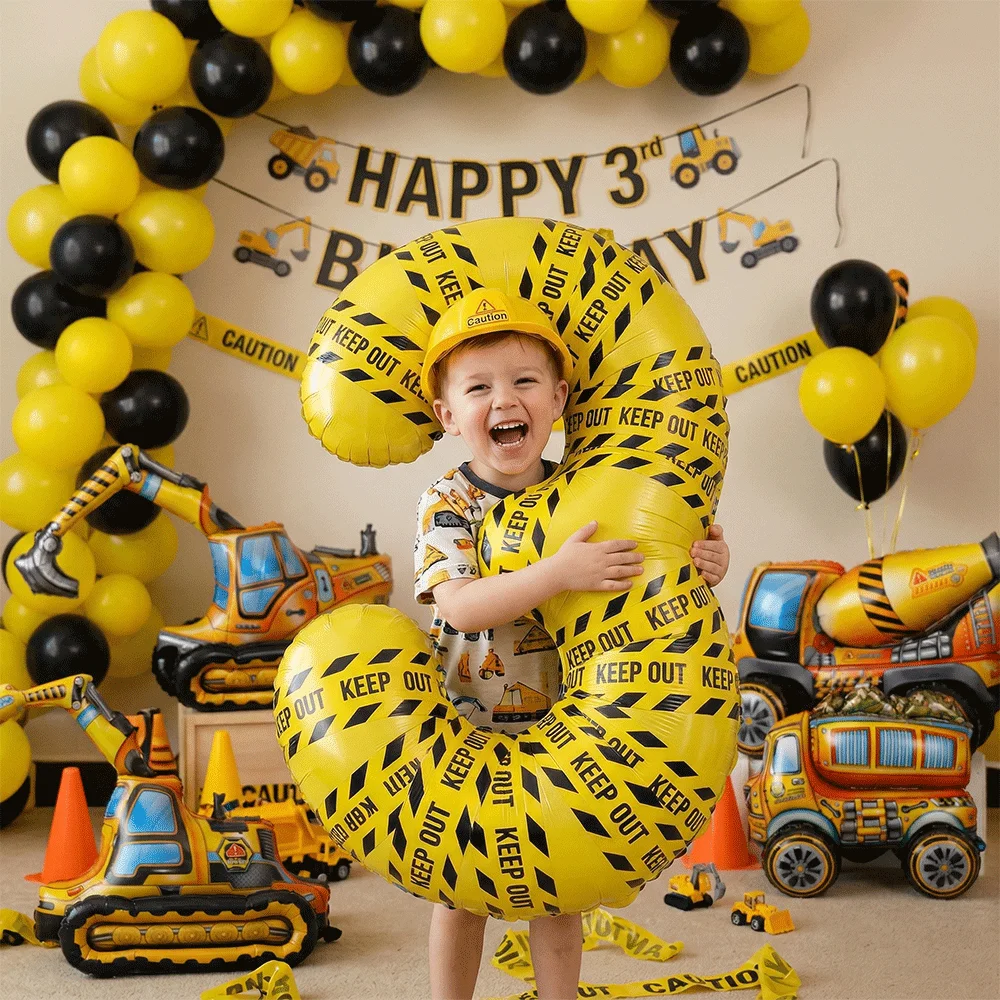 40 Zoll Gelber 'Keep Out' Zahlen-Folienballon 0-9 Vorsichtsband Riesige Globos Baufahrzeug-Thema Geburtstagsparty-Dekorationen