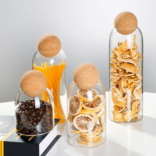 Set of 3 Cork Lid Tea Coffee Sugar Eco Glass Jars, Kitchen Pantry  Organisation