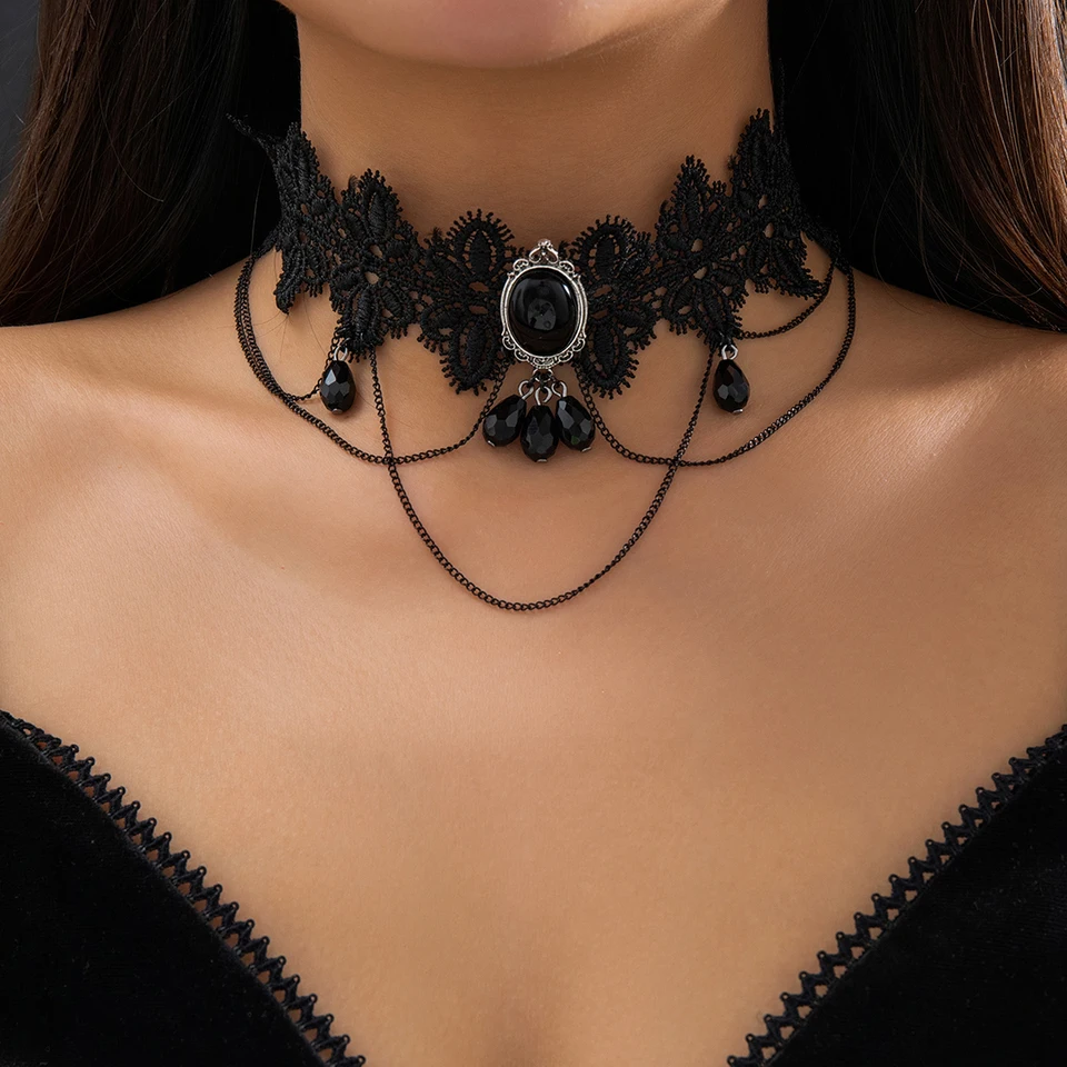 Collana In Pizzo Nero Con Ciondolo In Cristallo - Girocollo Vintage Gotico Con Fiore E Gemme, Accessorio Donna Per Halloween E Feste A Tema