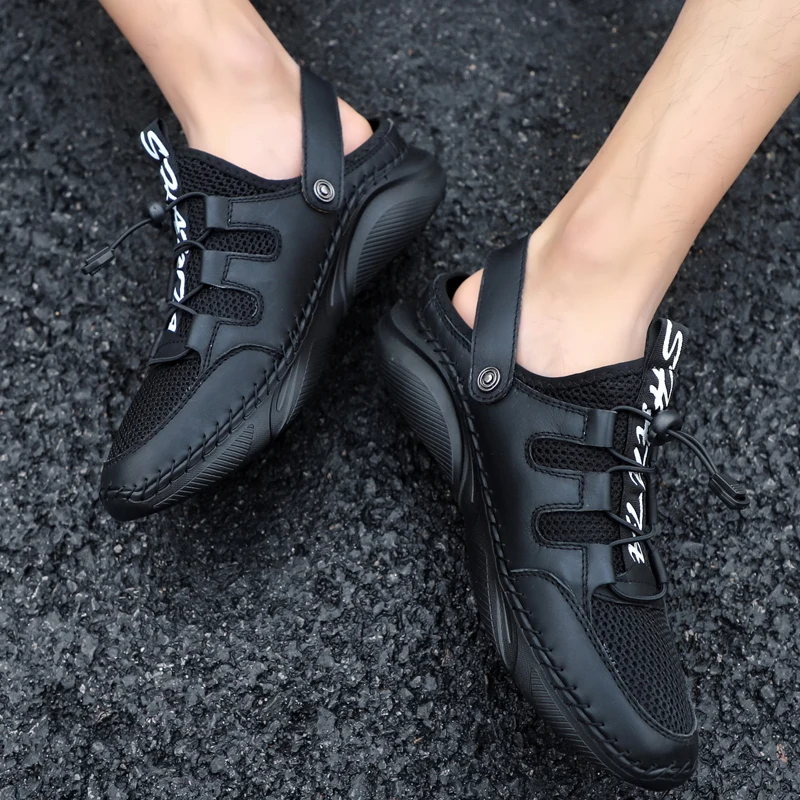 Summer Mens Sandals Leather Mesh Beach Outdoor Water Breathable Comfortable Slipper Rubber Classic Non-slip Big Size38-48