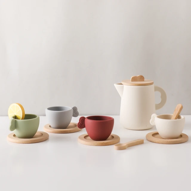 Baby Wooden Montessori Toys Kids Playing House Afternoon Tea Set Silicone Cups Wooden Plate Trays Model Infant Puzzle Toys Gifts