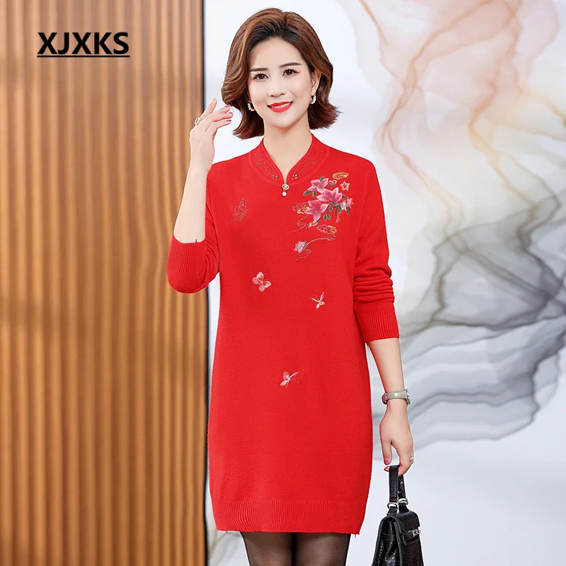 

XJXKS 2022 Winter New Women's Long Sweater Thickened Warm Fashion Embroidery Wool Knitted Dress Female Vestidos