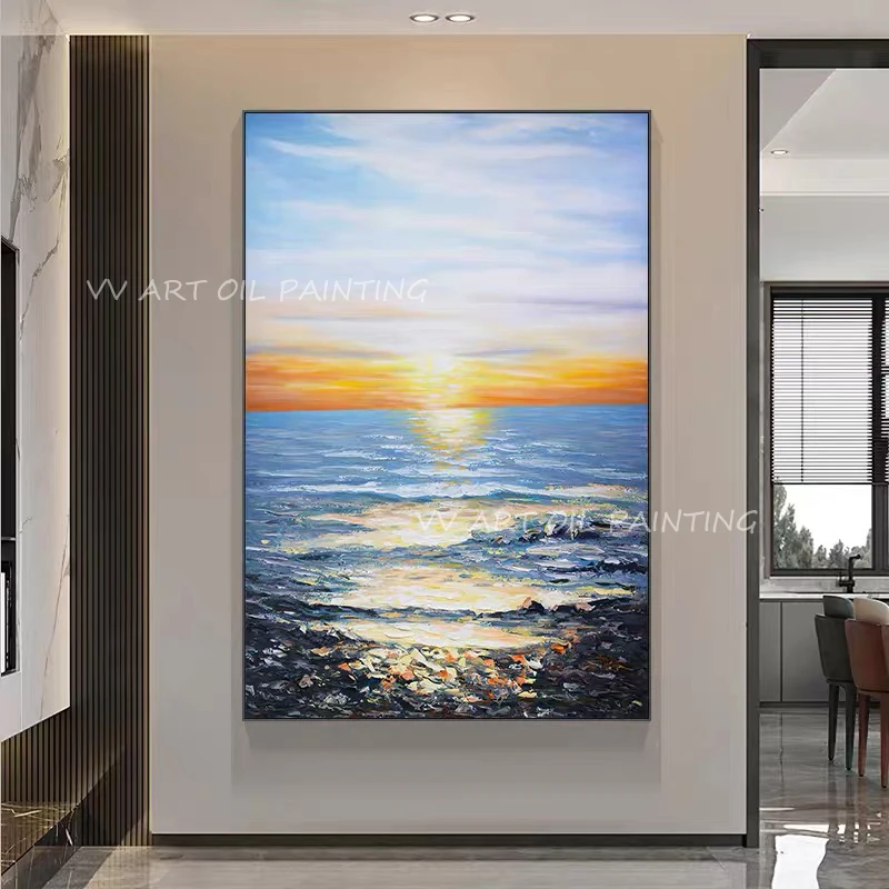 

Sunset Landsacpe 100% Hand Painted Thick Abstract Ocean Oil Painting Modern Wall Art Living Room Picture Home Decoration Gift