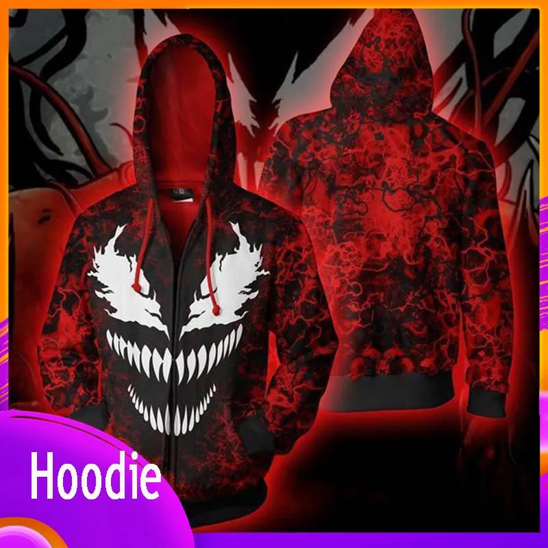 

Venom Spider Man Hoodie Printed Pullover Zipper Hooded Sweater Cosplay Anime Clothes Casual Sweatshirt Fashion Top X-Mas Gift