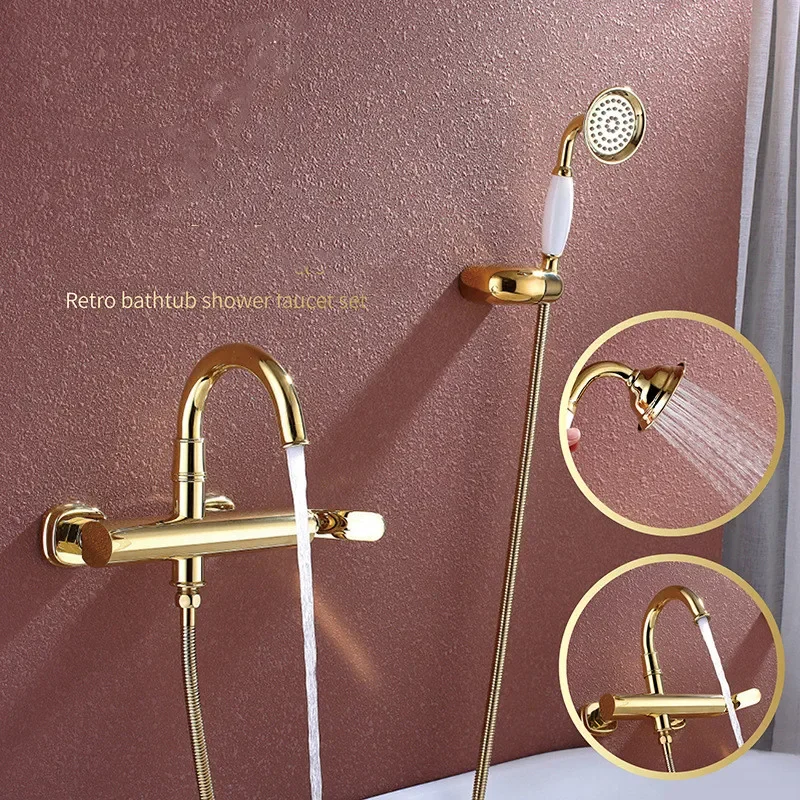 Gold Bathtub Shower Set Wall Mounted Chrome Gold Faucet Brass Classical Hot and Cold Bathroom Set
