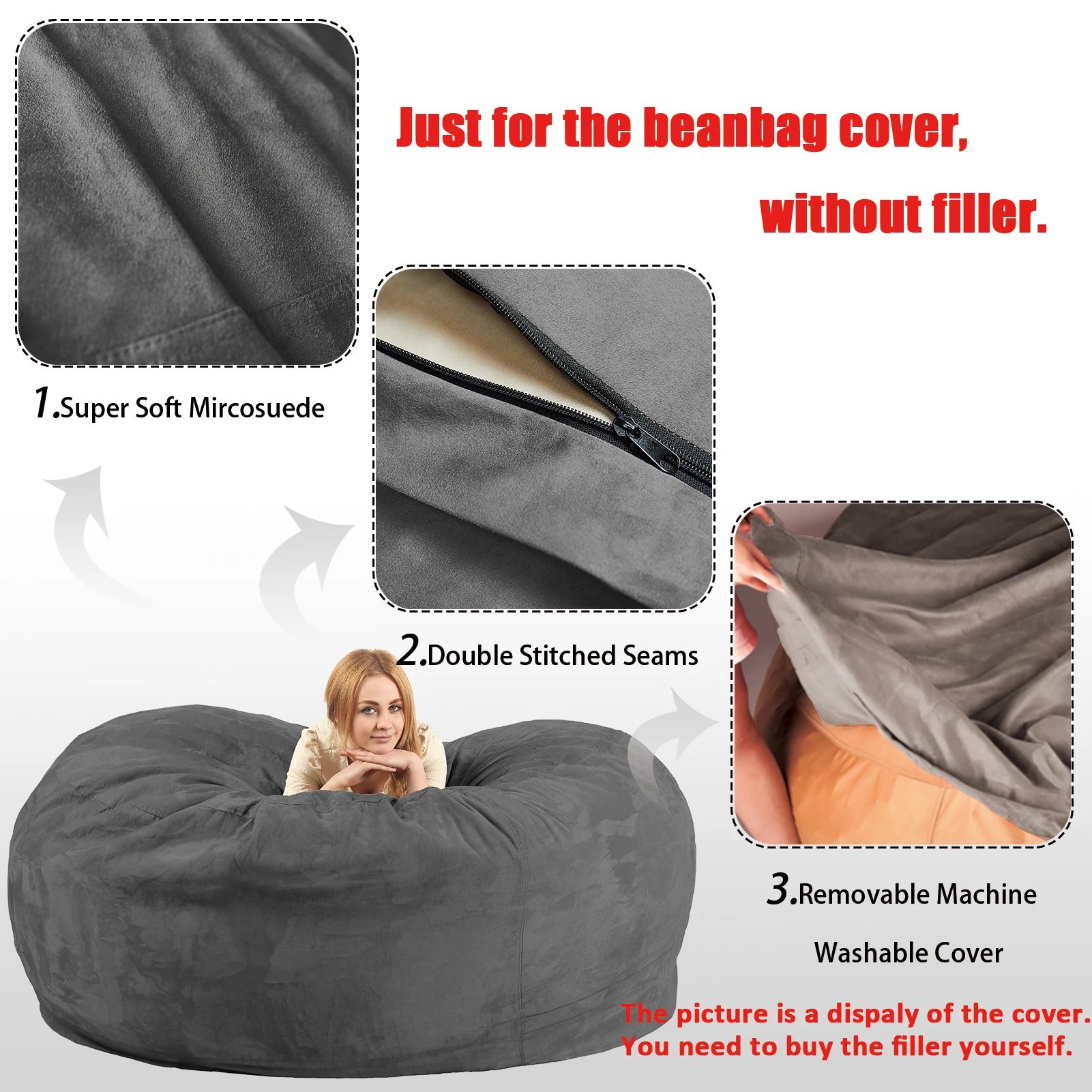 WOVTE Giant Bean Bag Cover (No Filler) 7ft 6ft 5ft Bean Bag Chair