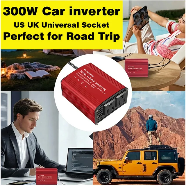อินเวอร์เตอร์ในรถยนต์ 300W DC 12V เป็น AC 110V 220V ช่องเสียบแบบ Type-C US EU ช่องเสียบอเนกประสงค์ พอร์ตชาร์จเร็ว USB สำหรับทุกประเทศ อินเวอร์เตอร์ USB 1