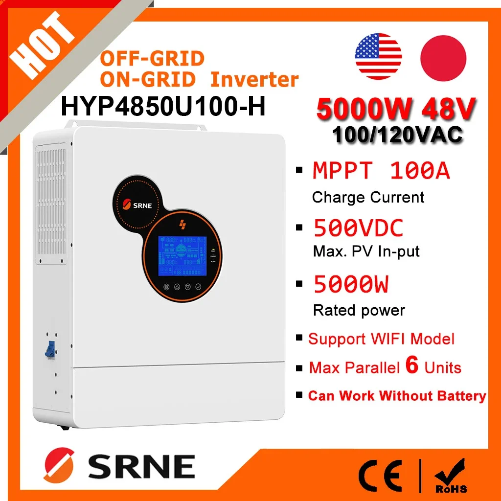 

SRNE 5KW 48V to 110VAC Hybrid Solar Inverter Off-grid/On-grid Inverter with Mppt 100A Charger Parallel 6pc Work
