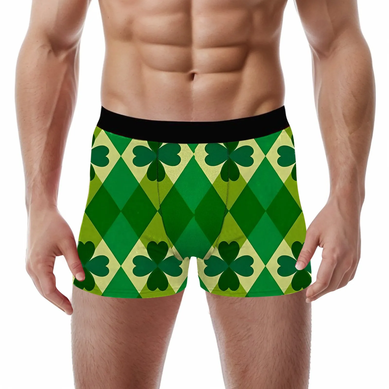 

Green Boxer Underwear For Men Fashion Argyle Four Leaf Clover Print Underpant Mid Waist Elastic Boxershorts Beach Vacation Wear