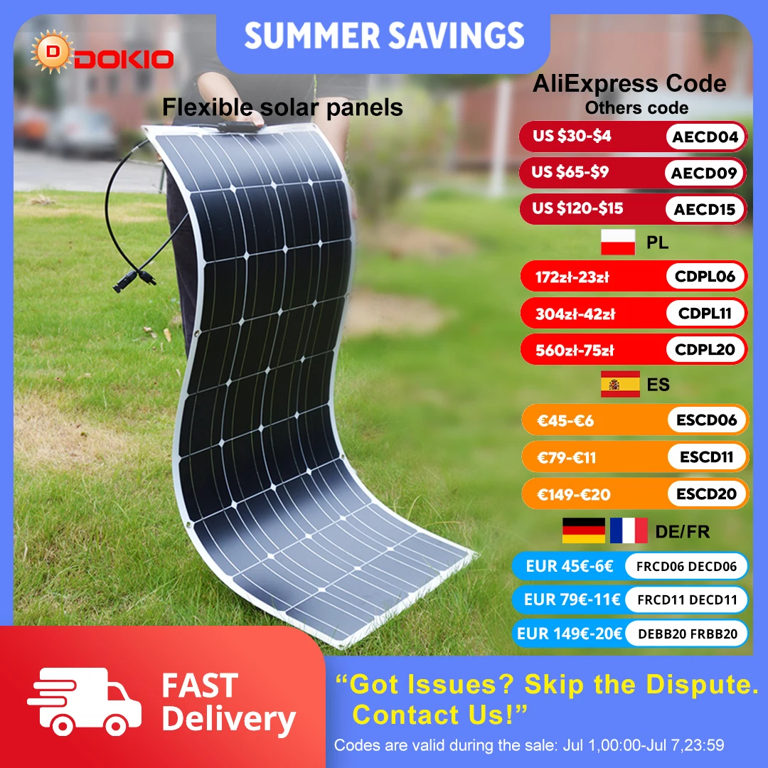 DOKIO 18V 100W/200W/400W Flexible Solar Panels Waterproof Monocrystalline Solar Panel Camping RV Home Charge 12V