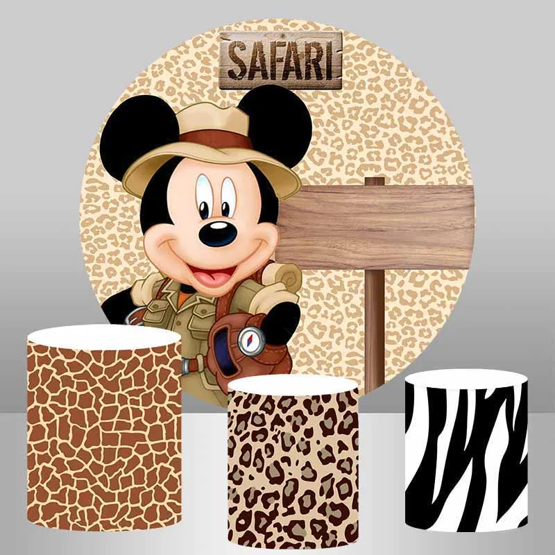 Safari Round Fondale Cover Cartoon Mickey Mouse Compleanno Foto Sfondo Baby Shower Cake Table Banner Poster Coperture Cilindriche
