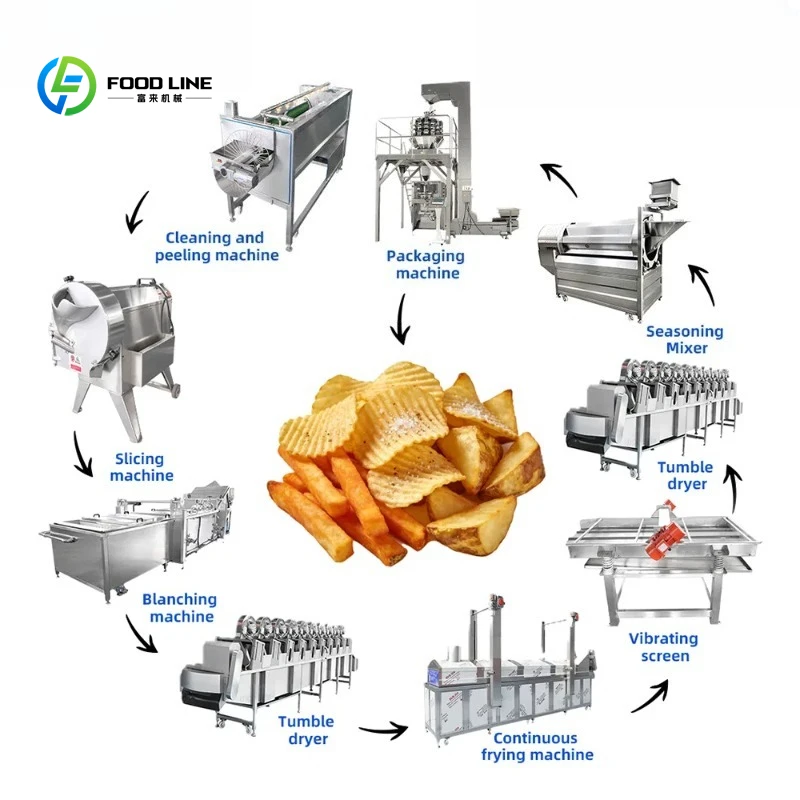 Linea Completa Personalizzata per la Lavorazione di Patatine e Patate Fritte con Friggitrice Continua e Sistema di Condimento in Acciaio Inossidabile per Impianti Alimentari