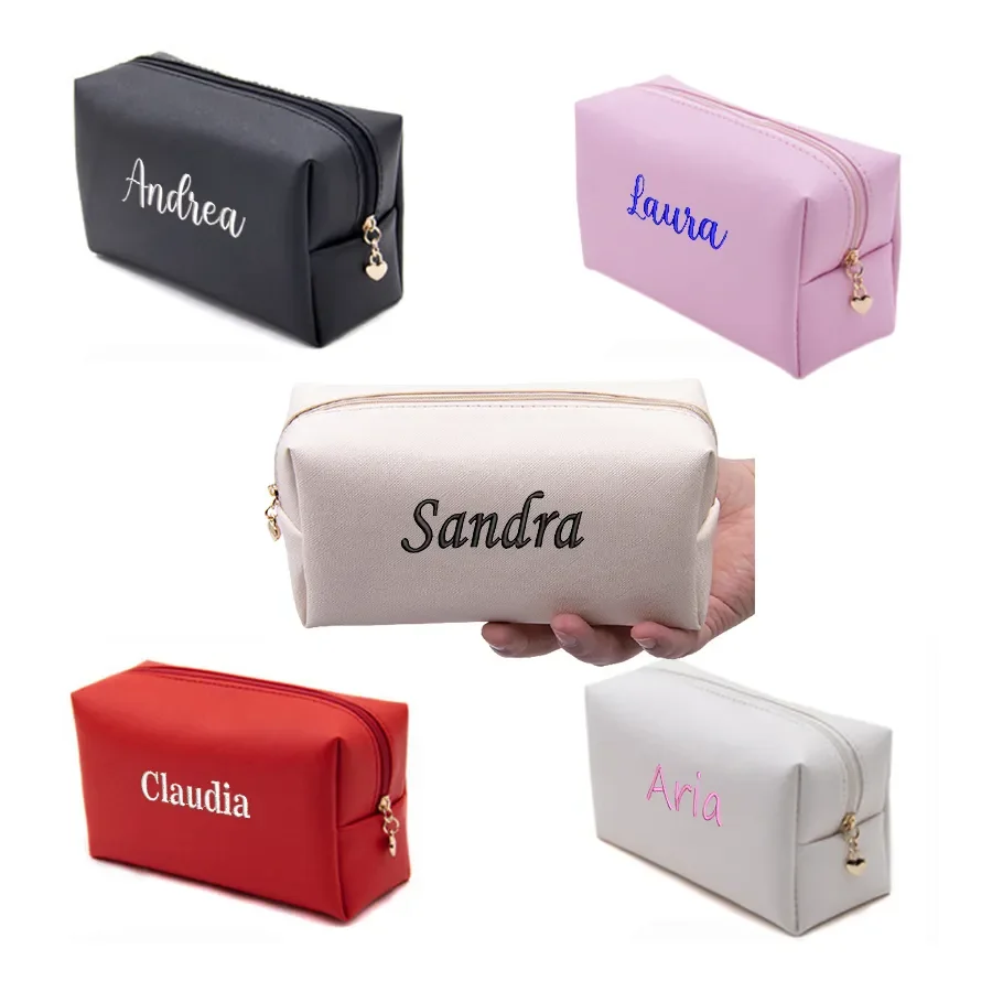 Personalized Embroidery Small Makeup Bag PU Leather Travel Cosmetic Pouch Toiletry Bag for Women Portable Water-Resistant 4
