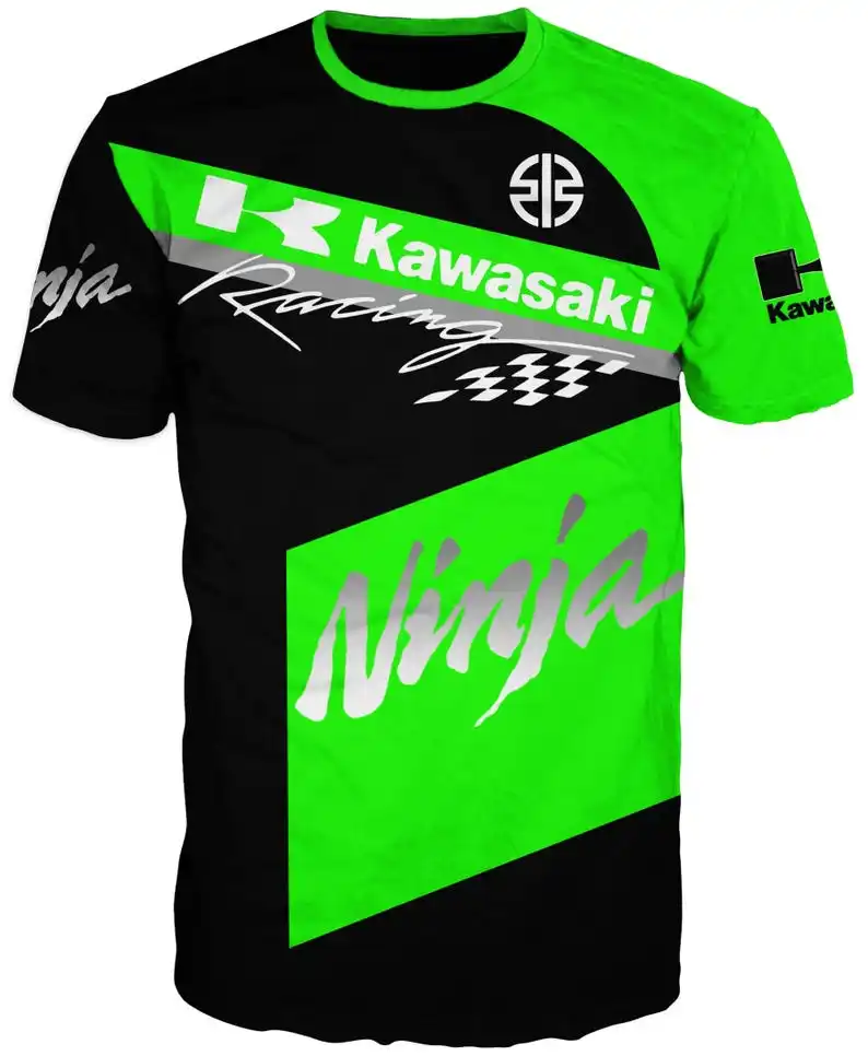 Men’s and women’s Kawasaki race t-shirt with breathable fabric and Yelir World cotton moto shorts displayed in a sporty summer outfit set 01