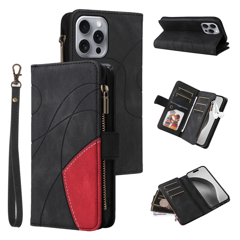 Luxury Zipper Leather Wallet Case with Card Holder and Lanyard