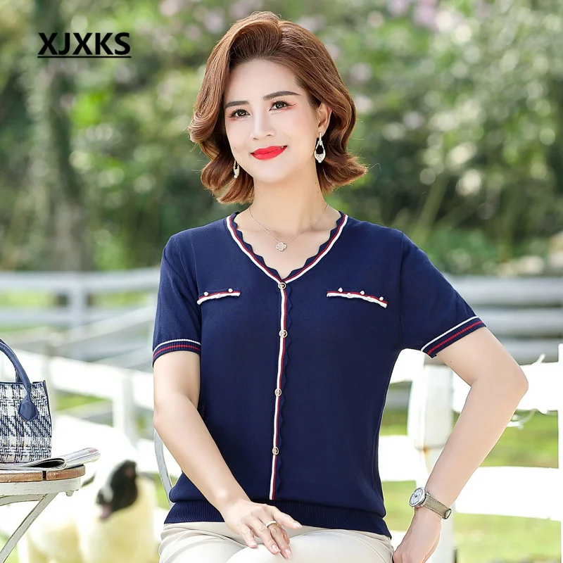 

Модный кроп-топ XJXKS с V-образным вырезом и короткими рукавами, женская футболка, лето 2022, новинка, свободные женские повседневные футболки