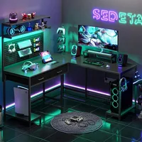 L Shaped Gaming Desk with LED Lights, Pegboard and Drawers, Gaming Desk with Hutch, Computer Desk with Monitor Stand, Sto 1